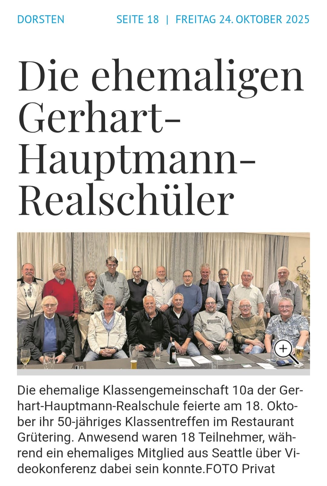 Zeitungsartikel über das 50-jährige Klassentreffen der GHS Dorsten in der Dorstener Zeitung vom 24. Oktober 2025
